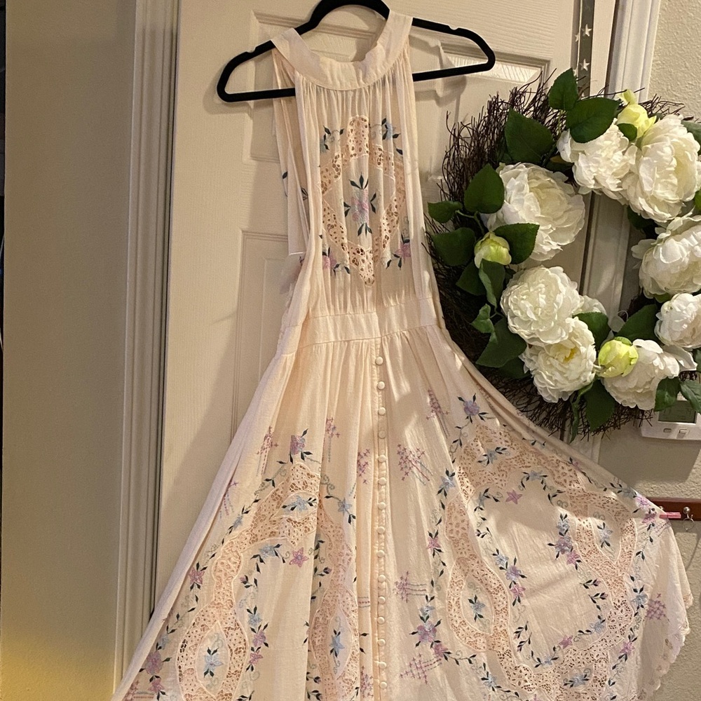 Fillyboo Cream Midi Dress with Pastel Floral Embroidery